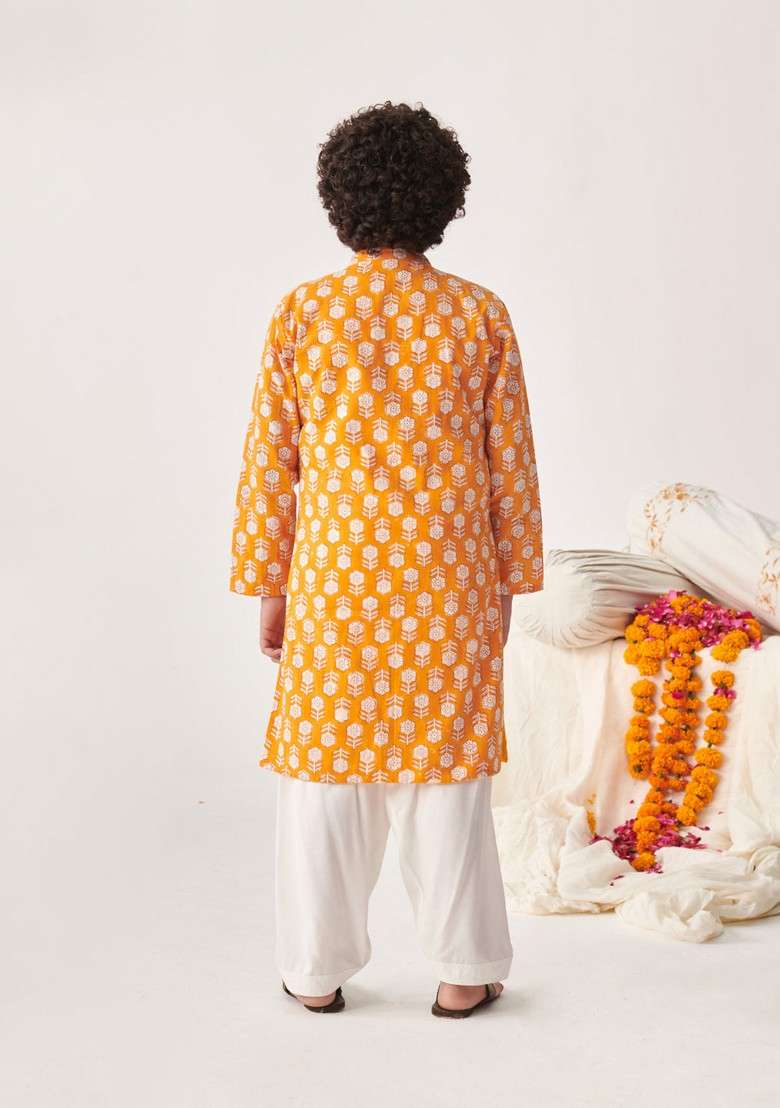 Orange Printed Kurta With Pants (Set of 2) - Indya