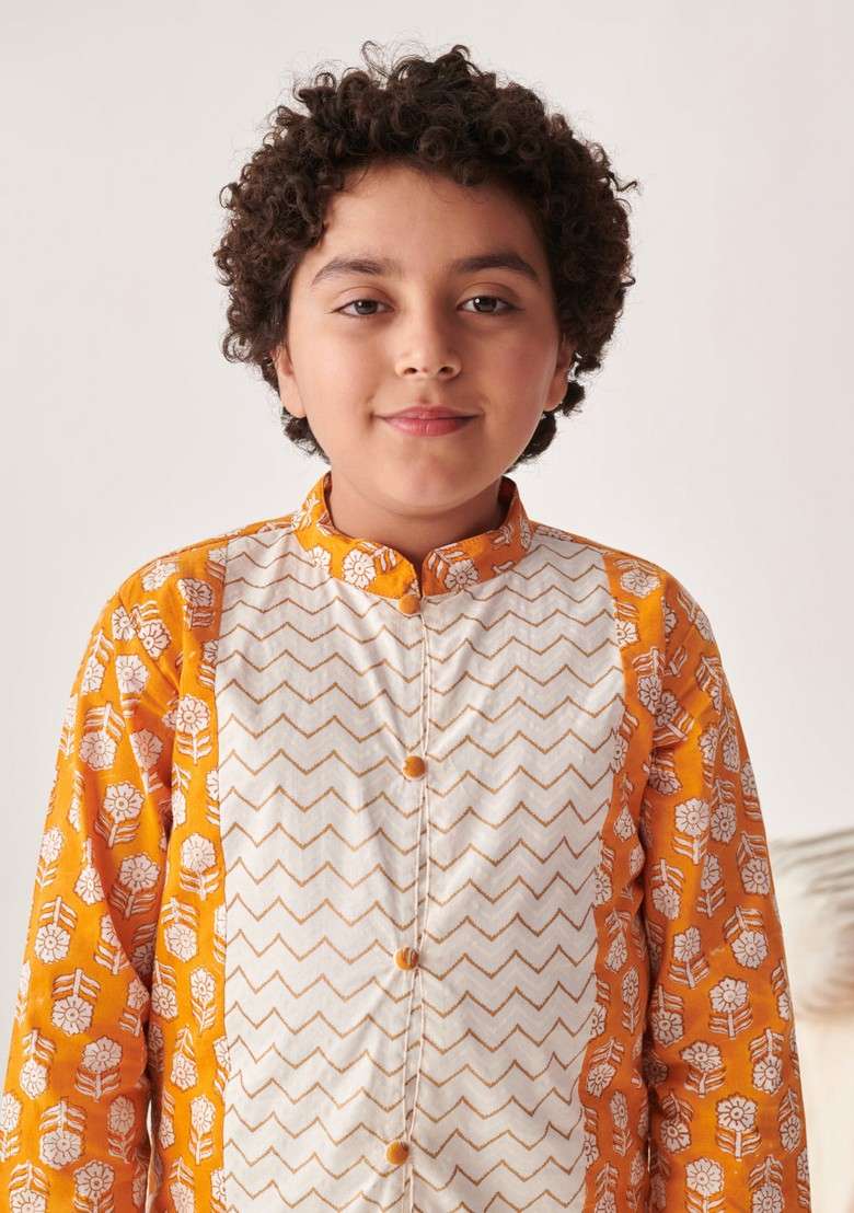 Orange Printed Kurta With Pants (Set of 2) - Indya