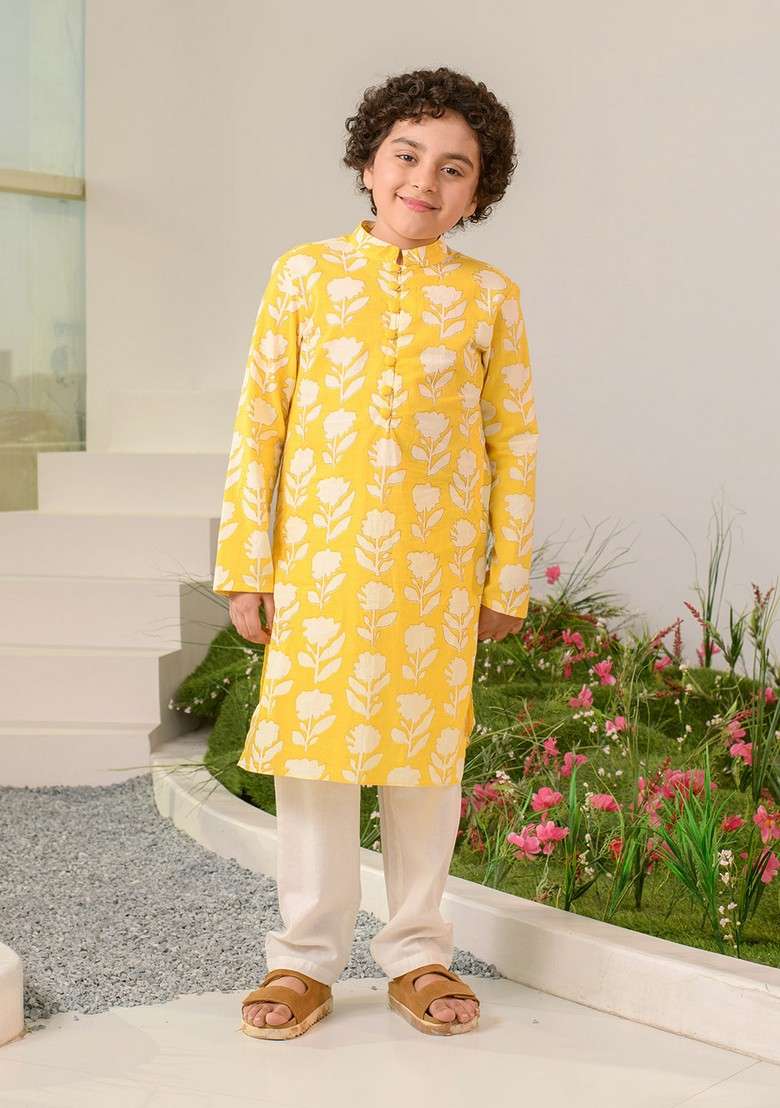 Yellow Printed Kurta With Pants (Set of 2) - Indya