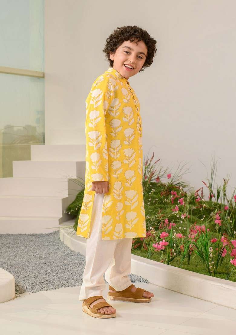 Yellow Printed Kurta With Pants (Set of 2) - Indya