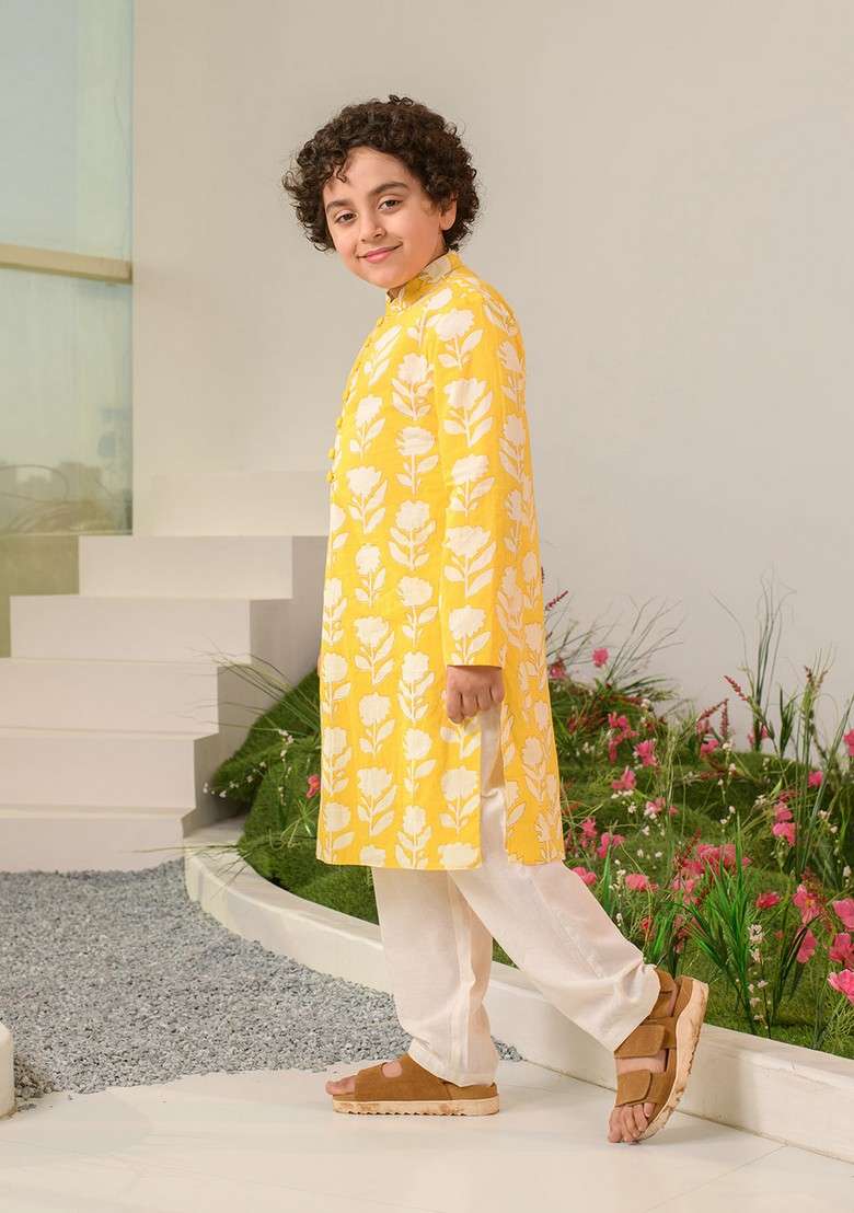 Yellow Printed Kurta With Pants (Set of 2) - Indya