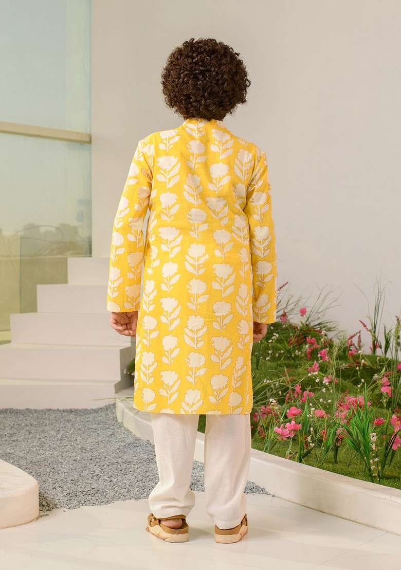 Yellow Printed Kurta With Pants (Set of 2) - Indya
