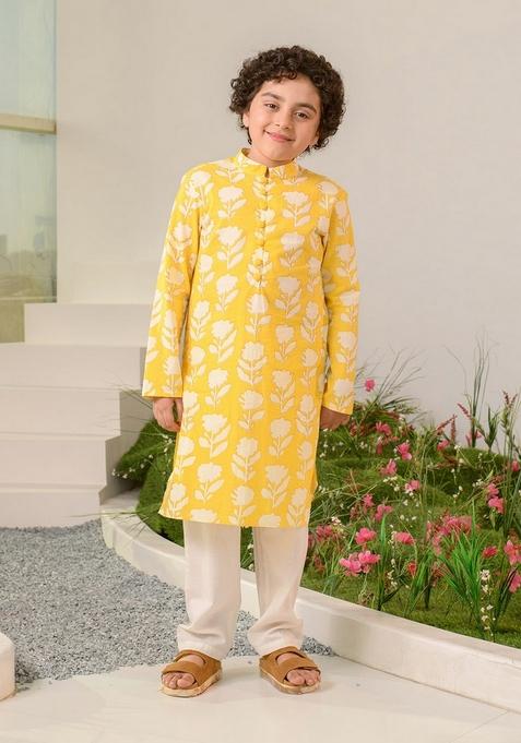 Yellow Printed Kurta With Pants (Set of 2)