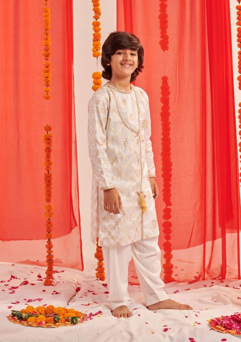 White Foil Print Kurta With Pants (Set of 2) - Indya