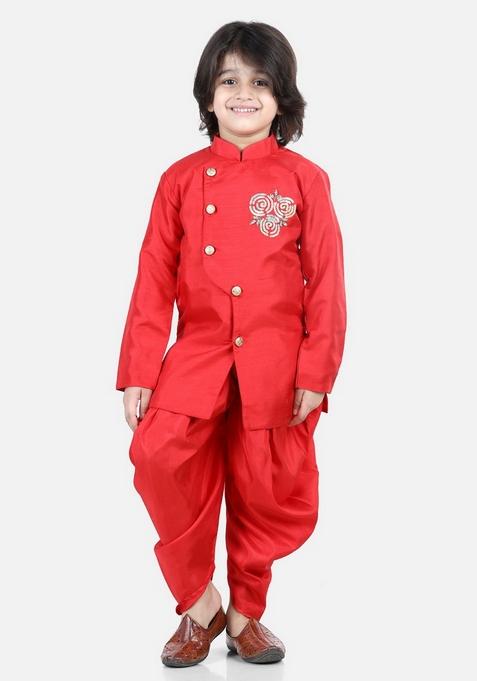 Red Embroidered Kurta With Dhoti Pants (Set of 2)