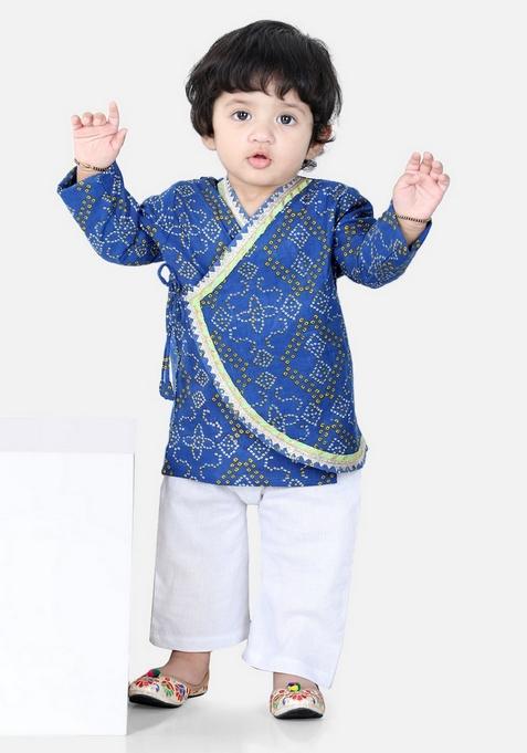 Blue Printed Cotton Kurta With Pants (Set of 2)