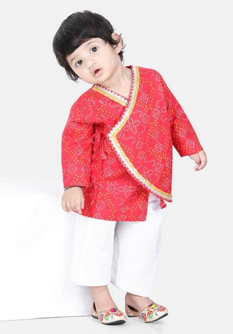 Red Printed Cotton Kurta With Pants (Set of 2)