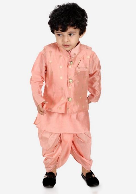 Peach Printed Jacket With Kurta And Dhoti Pants (Set of 3)