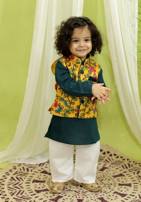 Yellow Printed Jacket With Kurta And Pyjama (Set of 3)