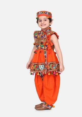 Orange Embroidered Kurta With Dhoti Pants (Set of 2)