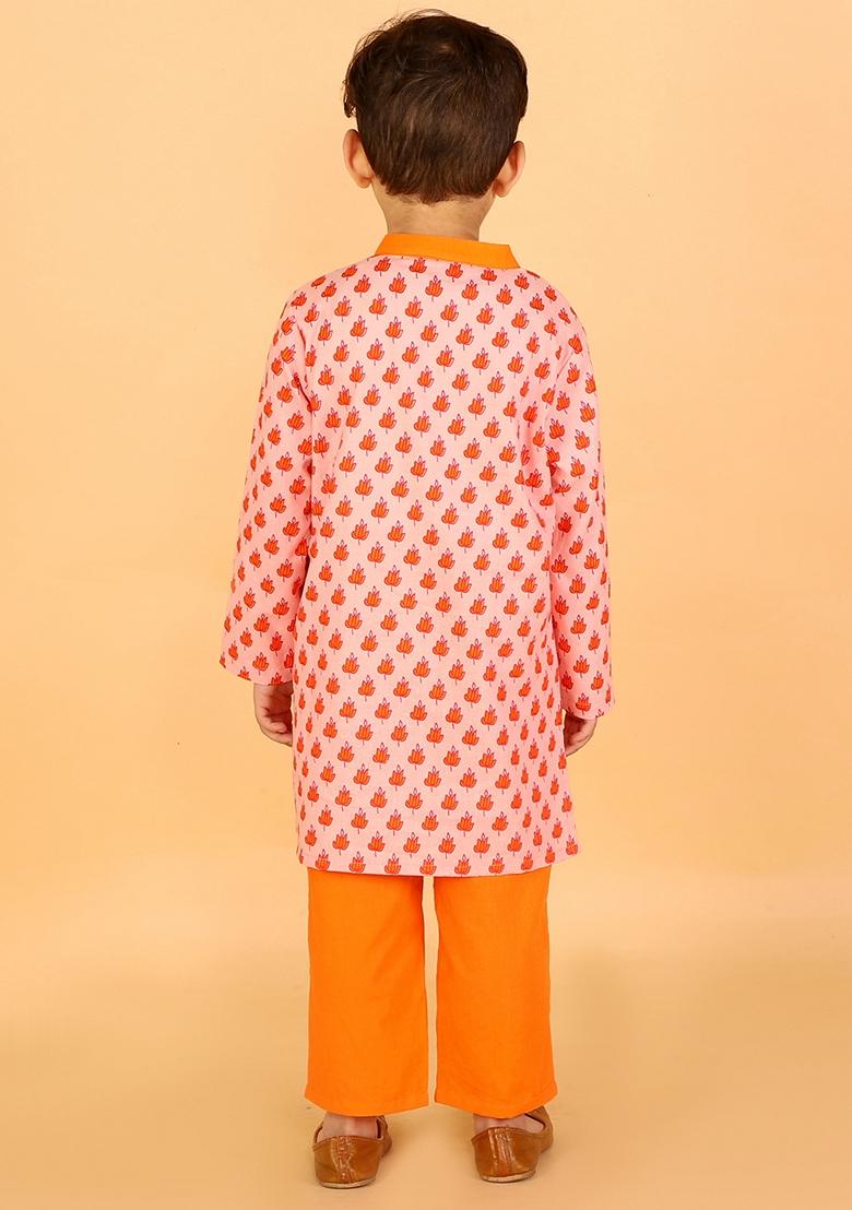 Orange Printed Cotton Kurta With Pyjama (Set of 2) - Indya