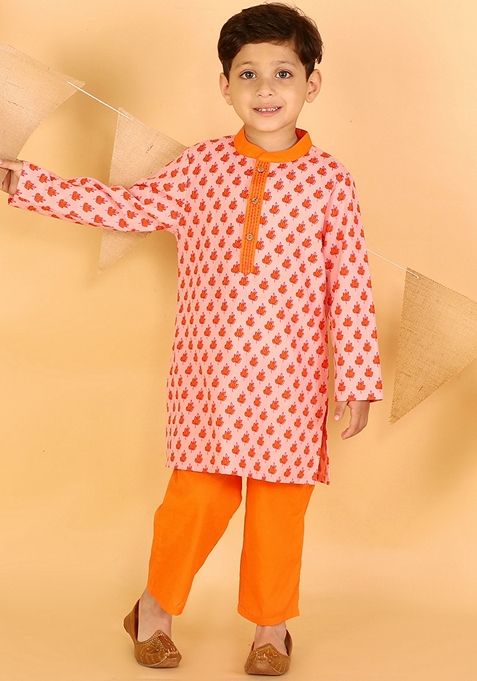 Orange Printed Cotton Kurta With Pyjama (Set of 2)