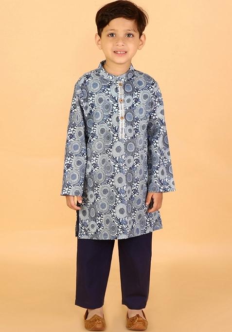 Navy Blue Printed Cotton Kurta With Pyjama (Set of 2)