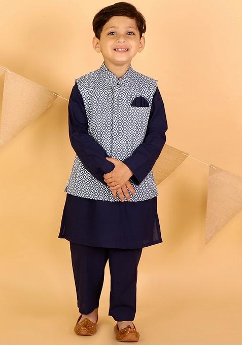 Navy Blue Printed Cotton Kurta With Pyjama And Jacket (Set of 3)