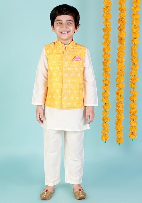 White Printed Polyester Kurta With Pyjama And Jacket (Set of 3)