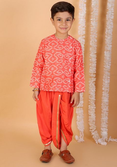 Orange Printed Polyester Kurta With Dhoti (Set of 2)