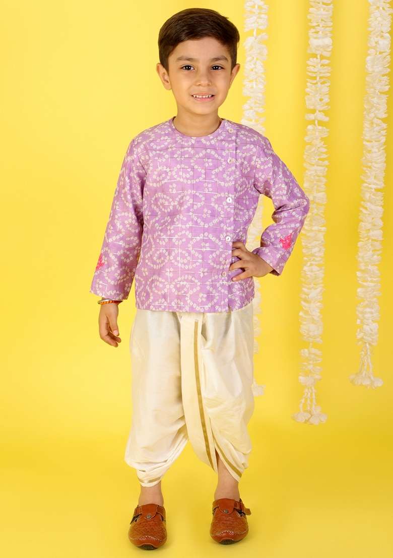 Purple Printed Polyester Kurta With Dhoti (Set of 2) - Indya