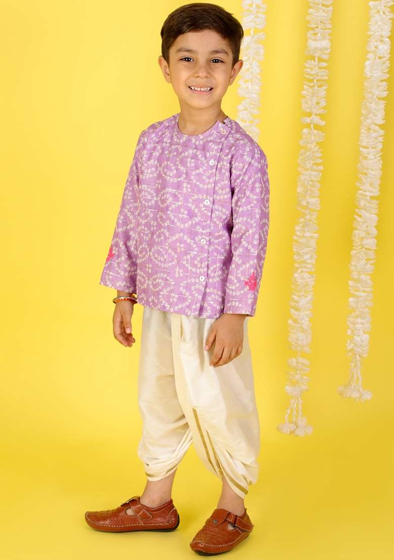 Purple Printed Polyester Kurta With Dhoti (Set of 2) - Indya