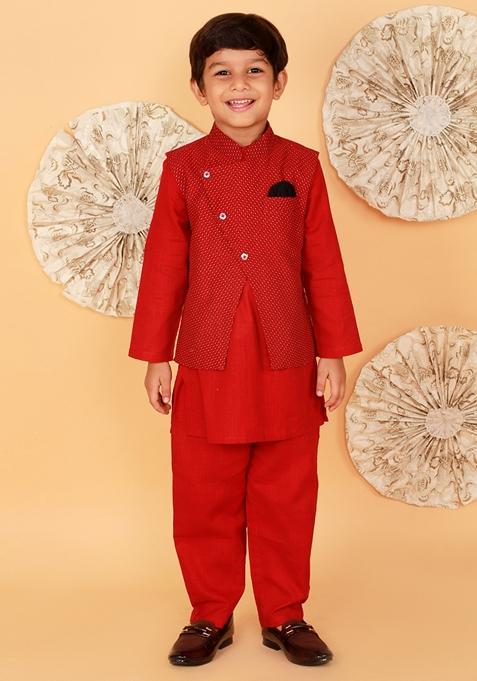 Red Printed Cotton Kurta With Pyjama And Jacket (Set of 3)