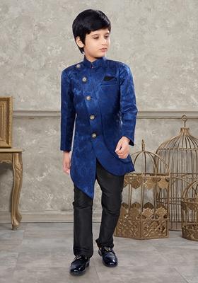 Blue Embroidered Jaquard Kurta With Churidar Pants