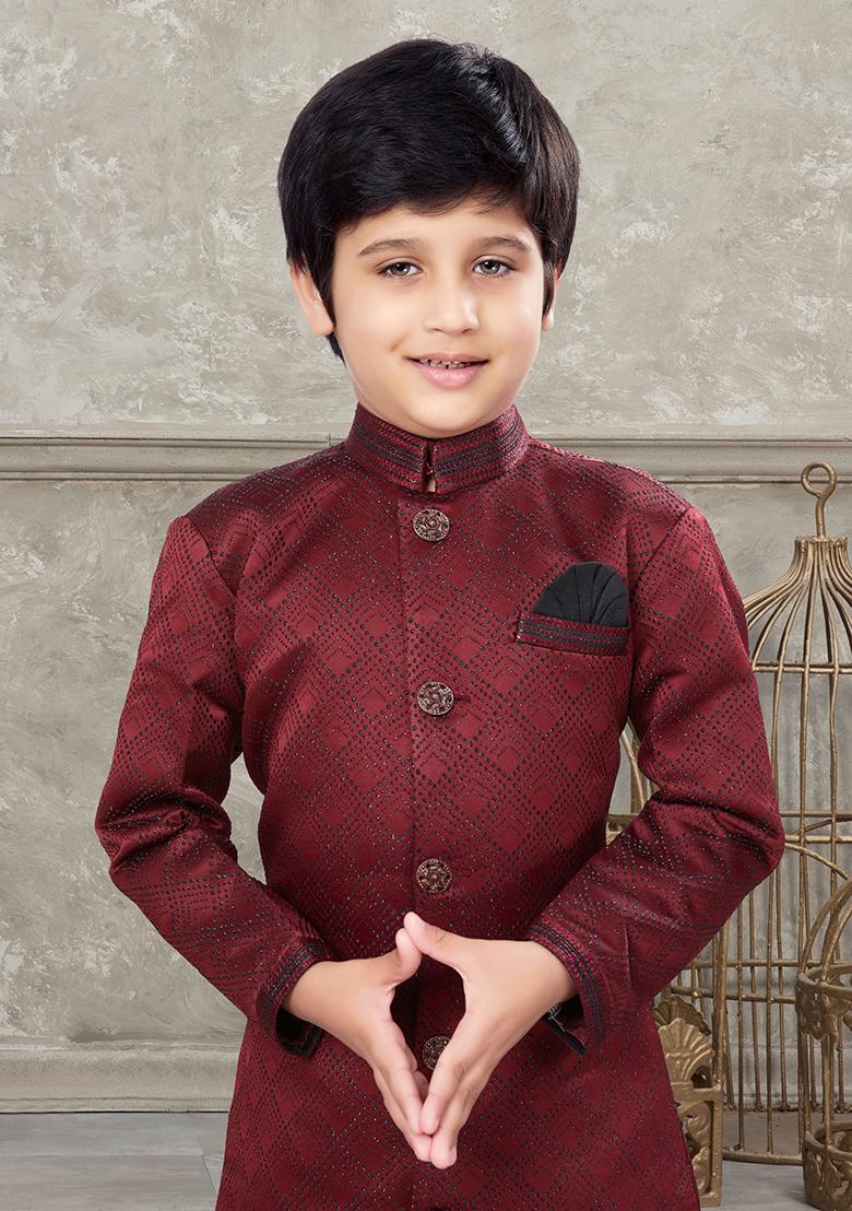 Maroon Embroidered Jaquard Kurta With Churidar Pants