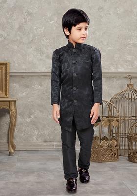 Black Embroidered Jaquard Kurta With Churidar Pants