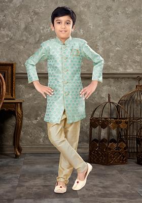 Firozi Blue Embroidered Jaquard Kurta With Churidar Pants