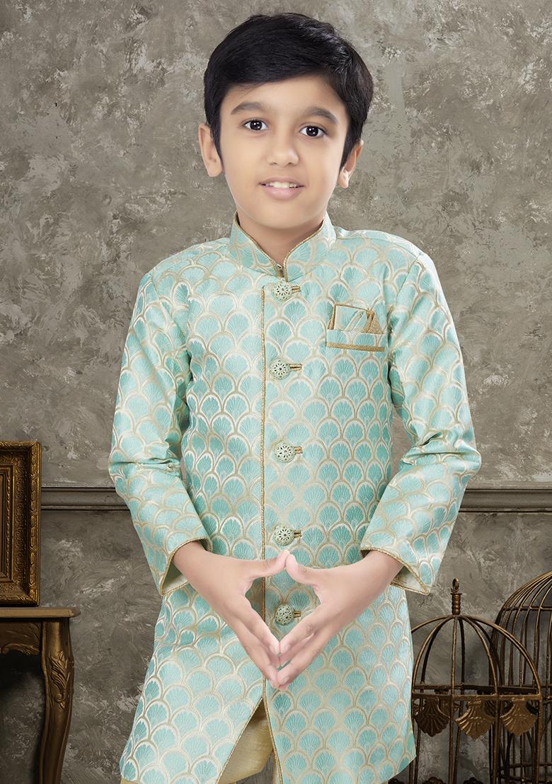 Firozi Blue Embroidered Jaquard Kurta With Churidar Pants