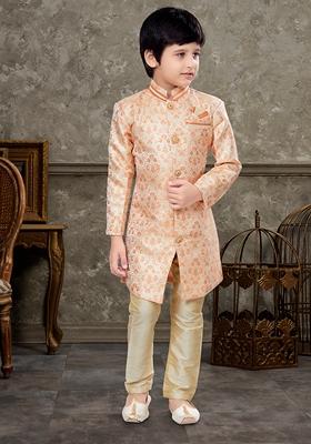 Cream Embroidered Jaquard Kurta With Churidar Pants