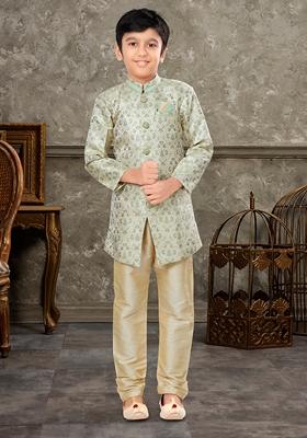 Cream Embroidered Jaquard Kurta With Churidar Pants
