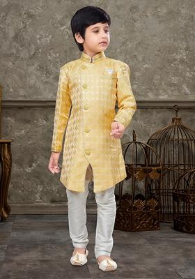 Yellow Embroidered Jaquard Kurta With Churidar Pants