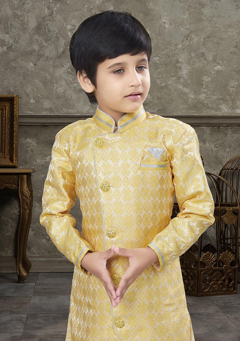 Yellow Embroidered Jaquard Kurta With Churidar Pants