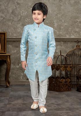 Firozi Blue Embroidered Jaquard Kurta With Churidar Pants