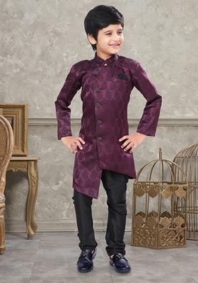 Wine Embroidered Jaquard Kurta With Churidar Pants