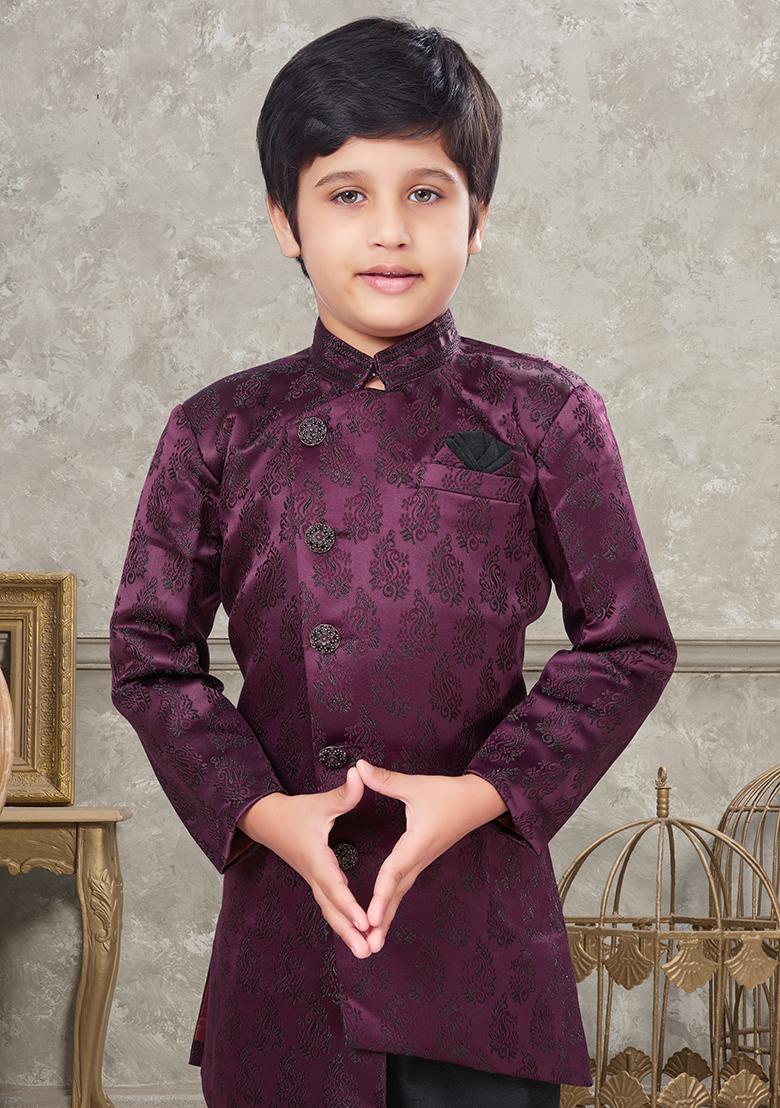 Wine Embroidered Jaquard Kurta With Churidar Pants