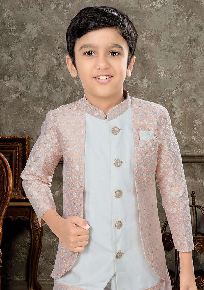 Peach Embroidered Jaquard Kurta With Churidar Pants
