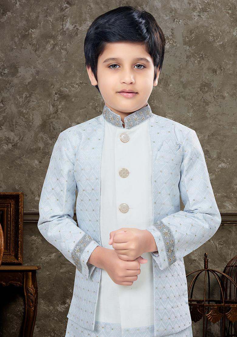 Sky Blue Embroidered Jaquard Kurta With Churidar Pants
