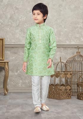 Green Printed Silk Kurta With Churidar Pants