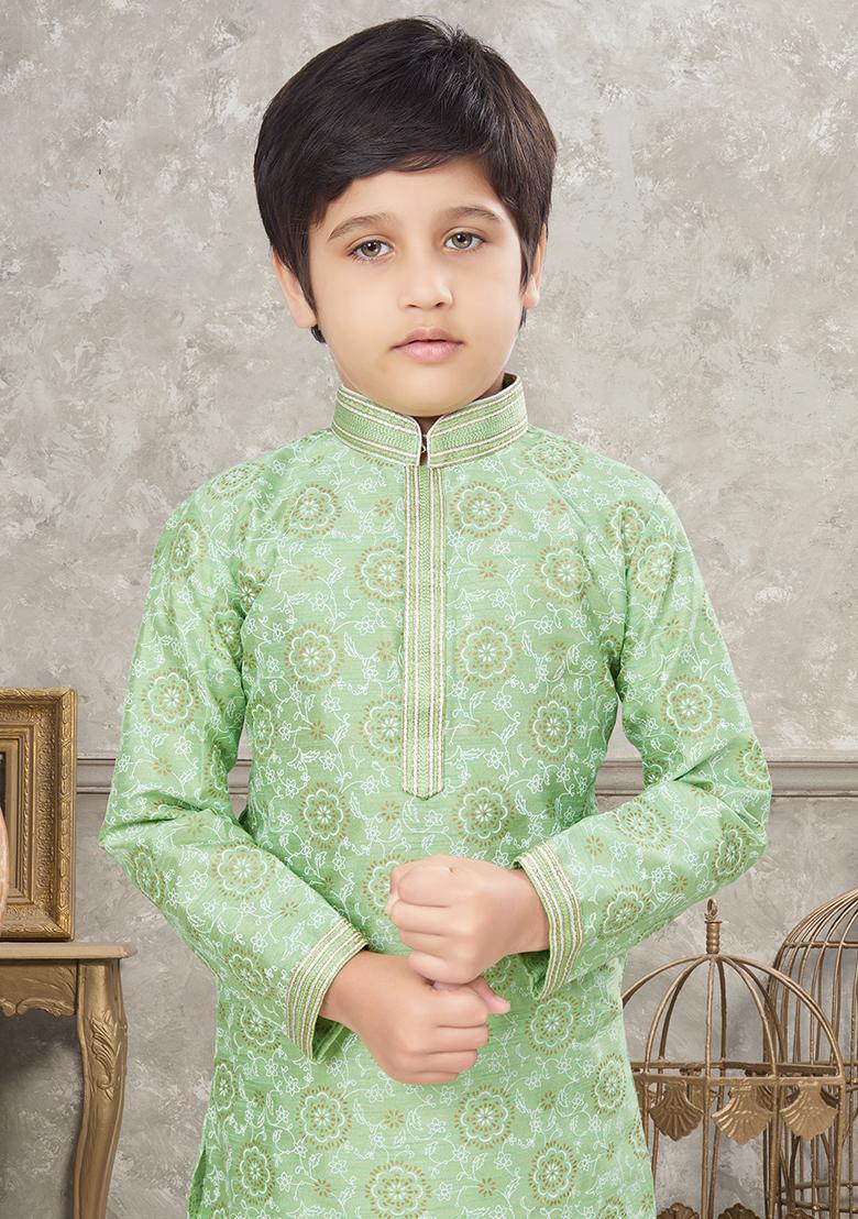 Green Printed Silk Kurta With Churidar Pants