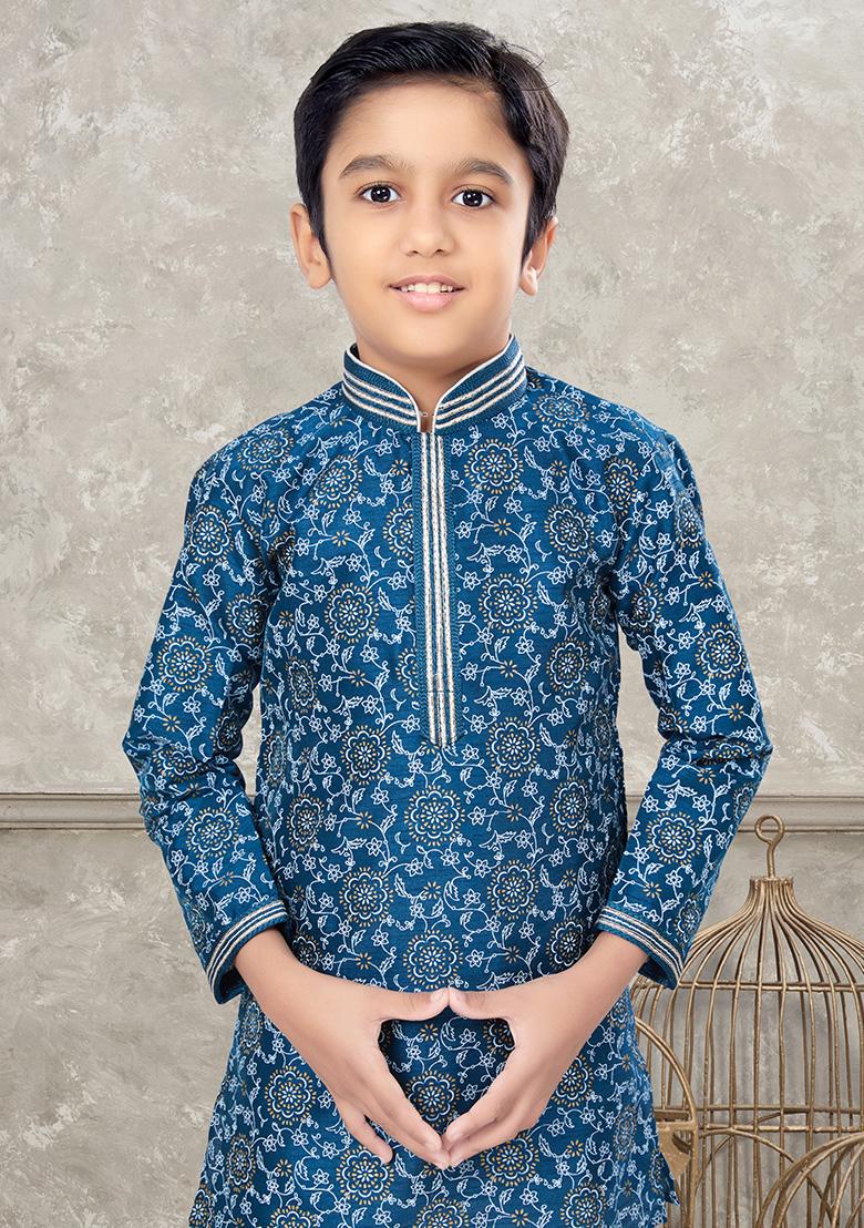Blue Printed Silk Kurta With Churidar Pants