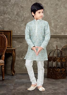 Grey Printed Silk Kurta With Churidar Pants