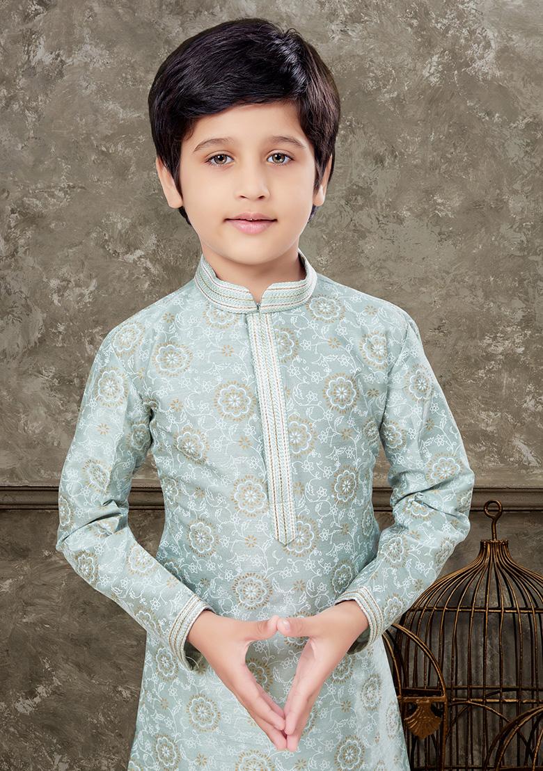 Grey Printed Silk Kurta With Churidar Pants