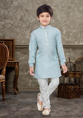 Light Sky Blue Embroidered Silk Kurta With Churidar Pants