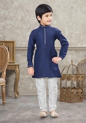 Navy Blue Embroidered Silk Kurta With Churidar Pants