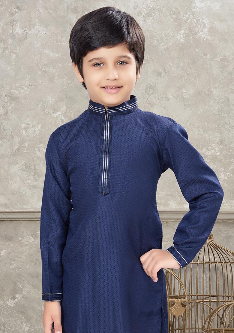 Navy Blue Embroidered Silk Kurta With Churidar Pants