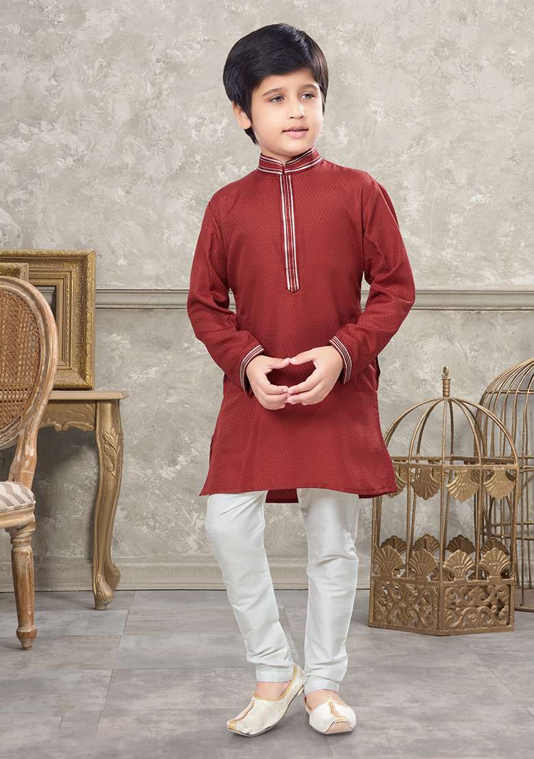 Red Embroidered Silk Kurta With Churidar Pants - Indya