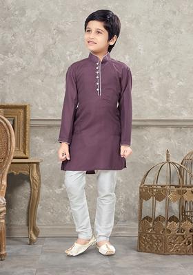 Wine Embroidered Silk Kurta With Churidar Pants