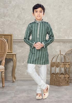 Green Embroidered Cotton Kurta With Churidar Pants