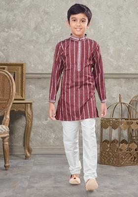 Dark Maroon Embroidered Cotton Kurta With Churidar Pants