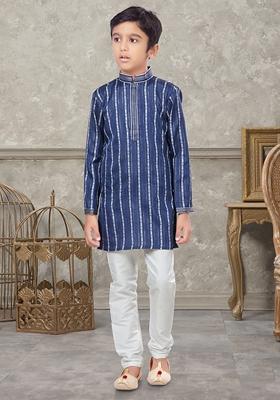 Blue Embroidered Cotton Kurta With Churidar Pants